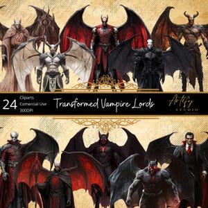 Puede incluir: 24 ilustraciones digitales de señores vampiros con alas rojas y negras. Los señores vampiros están en varias poses y expresiones. El texto "Transformed Vampire Lords" está en la parte superior de la imagen.