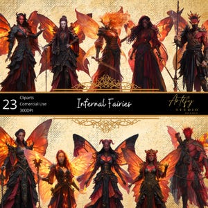 Puede incluir: Conjunto de imágenes prediseñadas digitales con 23 Hadas Infernales en varias poses. Las hadas se representan con alas de fuego, ropa oscura y armas. La imagen incluye el texto "Infernal Fairies" y "Artify Studio Design."