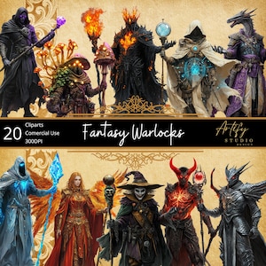 ファンタジー ウォーロック クリップアート – ファンタジー プロジェクトのための 20 人の神秘的で強力な魔法使い、透明な背景、商用利用