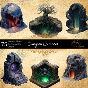 Puede incluir: Clipart isométrico de entradas de mazmorras de fantasía. La imagen presenta seis entradas diferentes, incluyendo una calavera, un árbol y una serpiente. El texto "Dungeon Entrances" se muestra en el centro, con "75 Isometric Cliparts Commercial Use 300DPI" arriba.