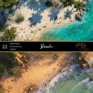 May include: An aerial view of a beach with turquoise water, white sand, and palm trees. The image is labelled "Beach" with the text "Battle Maps 22 Comercial Use 300DPI" and the "Artify Studio Design" logo.