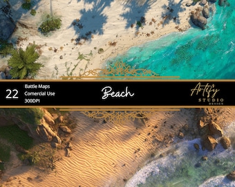 May include: Overhead view of a beach scene with turquoise water, white sand, and palm trees. The image is labeled "Beach" with the text "Battle Maps 22 Comercial Use 300DPI" and the "Artify Studio Design" logo.