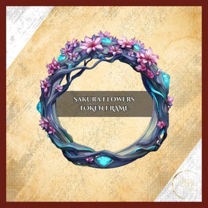 Puede incluir: Ilustración digital de un marco de ficha circular. El marco es una rama de árbol azul oscuro estilizada adornada con flores de sakura rosas y gemas turquesas. El texto "SAKURA FLOWERS TOKEN FRAME" se muestra en el centro.