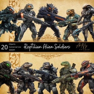 Pode incluir: 20 imagens digitais de clip art de soldados alienígenas reptilianos em várias poses, segurando armas. Os soldados são verdes, cinzentos e pretos com armaduras e armas detalhadas. As imagens são de 300 DPI e adequadas para uso comercial.