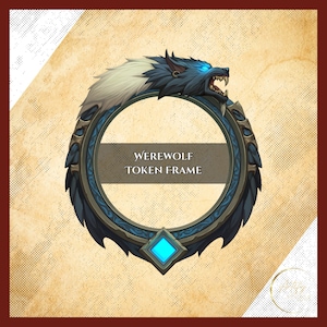 Puede incluir: Un marco de ficha de hombre lobo circular con un diseño de cabeza de lobo azul y blanco. El marco tiene una gema azul en la parte inferior y el texto "WEREWOLF TOKEN FRAME" en el centro. El fondo es de color beige texturizado.