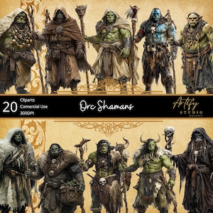 May include: A digital illustration set of 20 Orc Shamans, featuring various poses and expressions. The Orc Shamans are depicted in a variety of clothing and armor, including robes, furs, and leather. The set is perfect for use in fantasy role-playing games, artwork, and other creative projects.