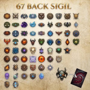 May include: A collection of 67 circular sigil icons arranged in a grid on a parchment-style background with the text 67 BACK SIGIL at the top. The icons feature diverse fantasy imagery including skulls, eyes, shields, animals, and magical symbols.