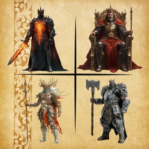 May include: Four fantasy characters in a collage. The top left character is a dark knight with a flaming chest plate and a sword. The top right character is a king sitting on a throne. The bottom left character is a warrior with antlers and a spear. The bottom right character is a warrior with a large axe.