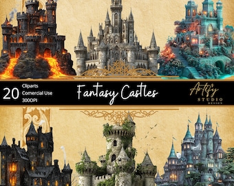 May include: A set of 20 fantasy castle clip art images. The castles are in various styles, including medieval, gothic, and modern. Some castles are made of stone, while others are made of wood or brick. The castles are all in different colors, including gray, brown, green, and blue. The castles are all set against a background of a parchment-like texture.