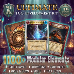 Peut inclure: Kit de développement Ultimate TCG avec plus de 1100 éléments modulaires. L'image présente trois cartes de jeu de cartes à collectionner avec de l'art fantastique, dont un magicien et un dragon. Le texte comprend "PNG & SVG Included" et "100% personnalisable".