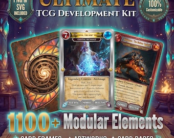 Pode incluir: Ultimate TCG Development Kit com mais de 1100 elementos modulares, incluindo molduras de cartas, ilustrações, bases de cartas, orbes, gemas, selos e caixas de texto. O kit inclui ficheiros PNG e SVG e é 100% personalizável para jogos.