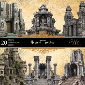 Puede incluir: Una colección de arte digital con ilustraciones detalladas de templos antiguos. Las imágenes muestran varios estilos arquitectónicos, con intrincadas tallas y estatuas. El texto "Ancient Temples" se muestra en una pancarta negra, junto con "20 Cliparts Commercial Use 300DPI".
