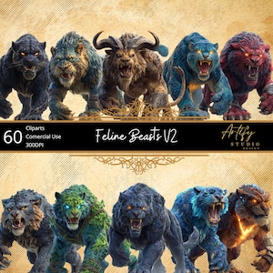 Feline Beasts V2 – 60 creature feline selvagge e mitiche per ambientazioni fantasy, clipart TTRPG, sfondo trasparente, uso commerciale