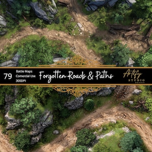 Puede incluir: Vista aérea de un mapa de batalla detallado que muestra una red de caminos de tierra que serpentean a través de un bosque. El mapa incluye árboles verdes, zonas rocosas y el texto "Forgotten Roads & Paths". El mapa está etiquetado como "79" y "Commercial Use".
