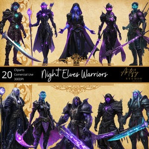 May include: 20 digital clip art images of night elf warriors in various poses. The warriors are wearing dark armor with purple accents and wielding swords and other weapons. The images are 300 DPI and suitable for commercial use.
