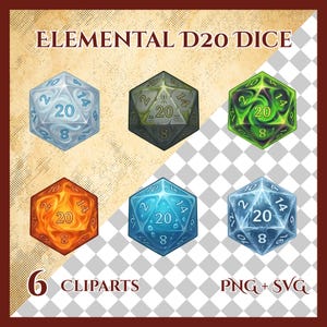 May include: Six D20 dice cliparts with elemental themes. The dice are in various colors, including blue, green, orange, and gray. Each die has the numbers 2, 8, 10, 12, 14, and 20. The image also includes the text "ELEMENTAL D20 DICE", "6 CLIPARTS", and "PNG + SVG".