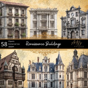 Op de afbeelding: Een verzameling Renaissance-gebouwen in verschillende architecturale stijlen. De afbeelding toont gedetailleerde illustraties van historische structuren met sierlijke gevels, ramen en decoratieve elementen. De tekst luidt "Renaissance Buildings" en "Artify Studio Design".