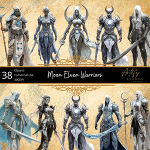 Guerriers elfes de la lune - Gardiens de la nuit mystiques et gracieux, cliparts fantastiques, fond transparent, usage commercial