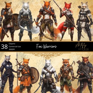 May include: Digital artwork showcasing several anthropomorphic fox warriors, each in detailed armour and holding weapons like swords and bows. The image includes the text "Fox Warriors" and "Artify Studio Design". The style is reminiscent of fantasy art.