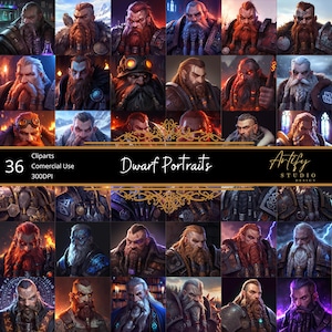 May include: A set of 36 digital clip art portraits of dwarves, each with distinct facial features, beards, and armour. The portraits are in a fantasy art style, with a variety of colours and lighting effects. The text "Dwarf Portraits" is displayed.