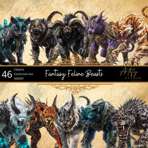 Felinos de fantasía: grandes felinos salvajes y místicos de reinos fantásticos, imágenes prediseñadas, fondo transparente, uso comercial