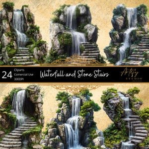 May include: A set of 24 digital clipart images featuring waterfalls cascading over stone stairs. The images are perfect for adding a touch of nature to your designs.