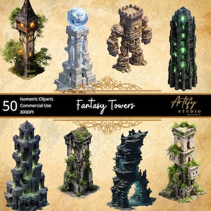 Puede incluir: Clipart isométrico de torres de fantasía en varios estilos. La imagen presenta una colección de ilustraciones detalladas de torres, incluyendo diseños de piedra, cristal y orgánicos. El texto "Fantasy Towers" se muestra de forma destacada.