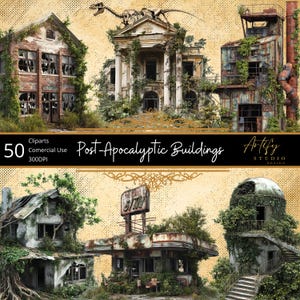 Edificios postapocalípticos: ciudades abandonadas recuperadas por la naturaleza, imágenes prediseñadas de fantasía, fondo transparente, uso comercial