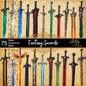 ファンタジー剣クリップアート – TTRPGとゲームデザインのためのデジタルRPG剣PNG、ファンタジークリップアート、透明な背景、商用利用