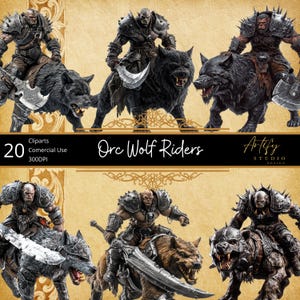 Jinetes de lobos orcos: 20 imágenes prediseñadas de fantasía feroz, fondo transparente, uso comercial