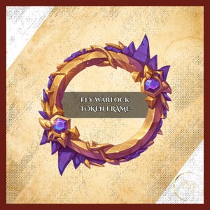 Puede incluir: Un marco circular de ficha Fey Warlock con detalles dorados y morados. El marco presenta un exterior dorado texturizado con adornos morados en forma de cristal y una gema central morada. Se muestra el texto "Fey Warlock Token Frame".