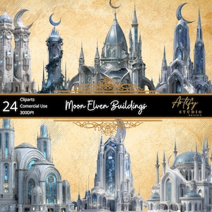 Könnte beinhalten: Digitale Kunst mit mehreren Fantasy-Gebäuden mit aufwendigen architektonischen Details. Die Strukturen sind überwiegend weiß und blau, mit Halbmond-Akzenten. Der Text "Moon Elven Buildings" und "Artify Studio Design" ist enthalten.