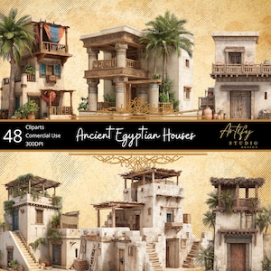 Op de afbeelding: Een digitale kunstafbeelding met verschillende oude Egyptische huizen. De gebouwen zijn opgetrokken in beige en bruine tinten, met ingewikkelde architectonische details. Palmbomen en decoratieve elementen dragen bij aan de historische sfeer. De tekst "Ancient Egyptian Houses" is zichtbaar.