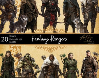 May include: 20 fantasy ranger character clip art illustrations. The characters are depicted in various poses, holding bows and arrows, and accompanied by wolves. The illustrations are in a fantasy style, with detailed armor and weapons.