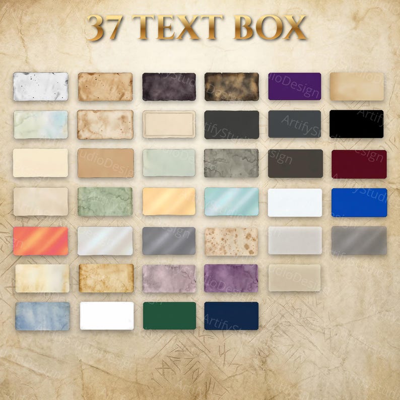 May include: A collection of 37 rectangular text boxes arranged in a grid on a parchment-style background. The boxes feature various textures, solid colors, and gradients, including shades of white, beige, brown, black, blue, green, and purple.