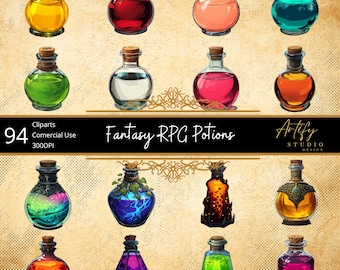 May include: A collection of twelve fantasy RPG potion cliparts. Each potion is in a glass bottle with a cork stopper. The potions are various colors, including yellow, red, pink, teal, green, clear, orange, and purple. The text "Fantasy RPG Potions" is displayed.