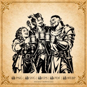 Peut inclure: Une illustration en noir et blanc de trois personnages fantastiques, un nain, un tieffelin et un orc, riant et tenant des chopes à bière en bois. Sous l'illustration, le texte indique PNG, SVG, EPS, PDF, WEBP et INSTANT DOWNLOAD.