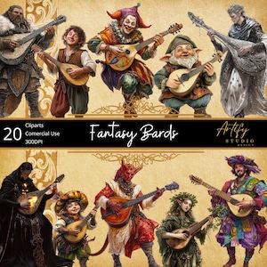 Fantasy Barden Clipart – Magische Musiker und Geschichtenerzähler der Fantasy Welt – 20 Transparente PNGs
