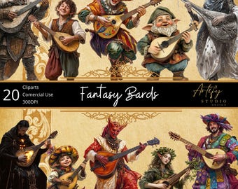 May include: A set of 20 fantasy bard illustrations, featuring characters from different races and playing various instruments. The illustrations are in a colorful style and are perfect for use in fantasy games, books, or other creative projects.