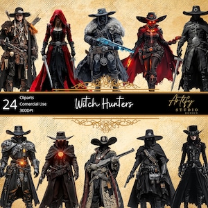 Chasseurs de sorcières - Inquisiteurs noirs avec chapeaux et pistolets, cliparts fantastiques, arrière-plan transparent, usage commercial