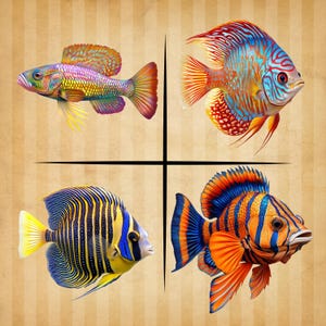 以下が含まれることがあります： 縞模様の背景に、カラフルな魚のイラストが4つ描かれています。魚は青とオレンジの魚、黄色とオレンジの魚、青と黒の魚、オレンジと黒の魚です。