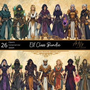 Puede incluir: Paquete de arte digital con 26 cliparts de clases de elfos. Las ilustraciones muestran varios personajes de fantasía con atuendos detallados, incluyendo túnicas, armaduras y accesorios. El texto "Elf Class Bundle" se muestra prominentemente.