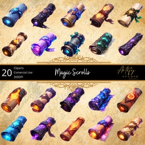 May include: A collection of 20 digital cliparts of fantasy magic scrolls in various colors, including blue, purple, and gold. The scrolls are detailed with glowing accents and decorative elements. The image includes the text "Magic Scrolls" and "Artify Studio Design."