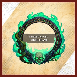 Könnte beinhalten: Ein kreisförmiger Token-Rahmen mit dem Text "CURSED SKULL TOKEN FRAME". Der Rahmen ist dunkelblau mit grünen Akzenten und einem grünen Flammeneffekt. Ein Schädel mit leuchtend grünen Augen befindet sich unten.