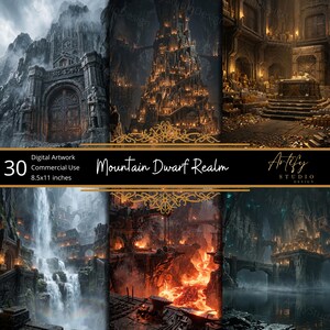Può includere: Una collezione di arte digitale intitolata Mountain Dwarf Realm con 30 immagini di fortezze in pietra, torri sotterranee, caveau, cascate, fucine di lava e ponti cavernosi. Il testo recita 30 Digital Artwork 21,6x27,9 cm.