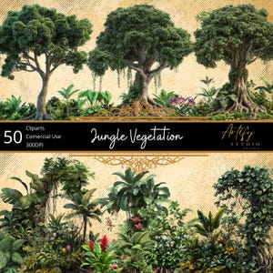 May include: 50 jungle vegetation clipart images, perfect for adding a tropical touch to your designs.  The images are 300 DPI and can be used for commercial purposes.