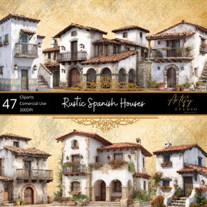 Op de afbeelding: Digitale illustratie van verschillende rustieke Spaanse huizen met witte muren, rode pannendaken en houten deuren en balkons. De afbeelding bevat de tekst "Rustic Spanish Houses" en "Artify Studio Design."