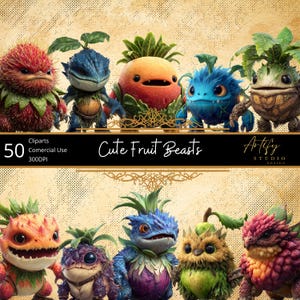 Carini animali di frutta - 50 adorabili creature succose ispirate alla frutta, clipart fantasy, sfondo trasparente, uso commerciale