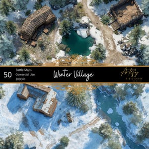 Op de afbeelding: Luchtfoto van een winterdorp-gevechtskaart. De afbeelding toont een besneeuwd landschap met gebouwen, bomen, een bevroren vijver en een pad. De tekst op de afbeelding luidt "Winter Village" en "Battle Maps".