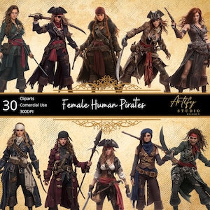 May include: Digital clip art featuring illustrations of female pirates in various poses. The pirates are wearing detailed costumes, including hats, swords, and pistols. The image includes the text "Female Human Pirates".